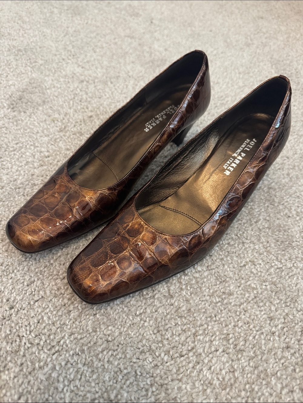 Joel Parker Brown Croc-Embossed Leather Mid Heels from Florence Italy 7.5